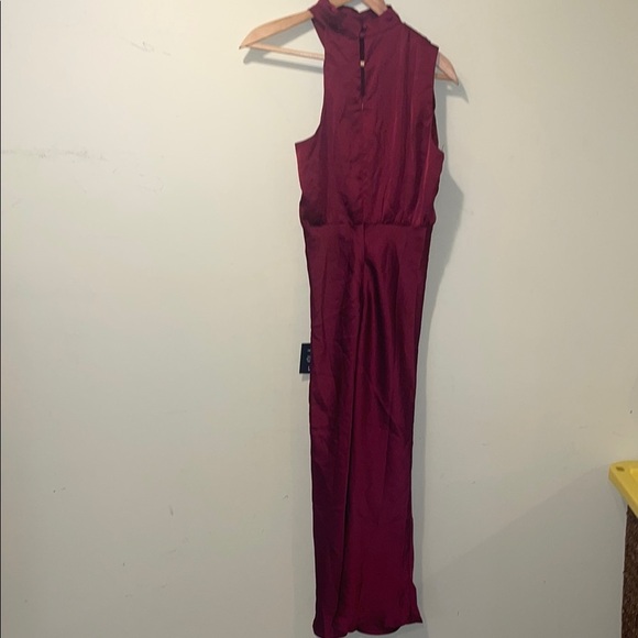 Womens New Lulu's Distinctive Charm Burgundy Satin Asymmetrical Midi Dress - Picture 6 of 9